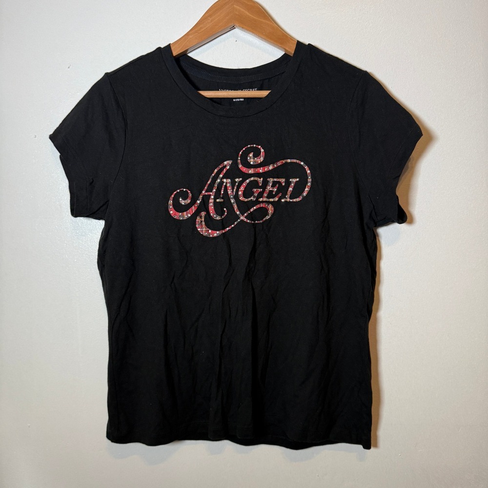 Victorias Secret Angel Graphic baby Tee Black Plaid Rhinestone M Cotton Modal